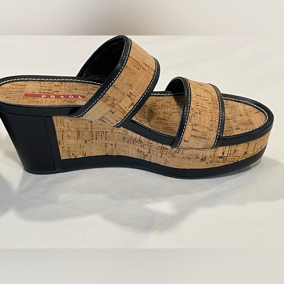 PRADA | Cork Wedge Sandals | Black | Size 37 - Picture 3 of 15